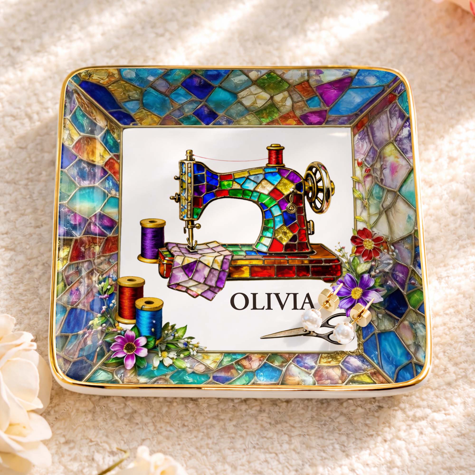 Stained Glass Sewing Machine With Flowers And Thread Spools - Personalized Custom Jewelry Dish, Ceramic Dish, Square Shape - HAND022_SCRF