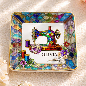 Stained Glass Sewing Machine With Flowers And Thread Spools - Personalized Custom Jewelry Dish, Ceramic Dish, Square Shape - HAND022_SCRF