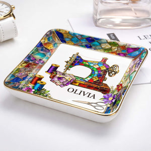 Stained Glass Sewing Machine With Flowers And Thread Spools - Personalized Custom Jewelry Dish, Ceramic Dish, Square Shape - HAND022_SCRF