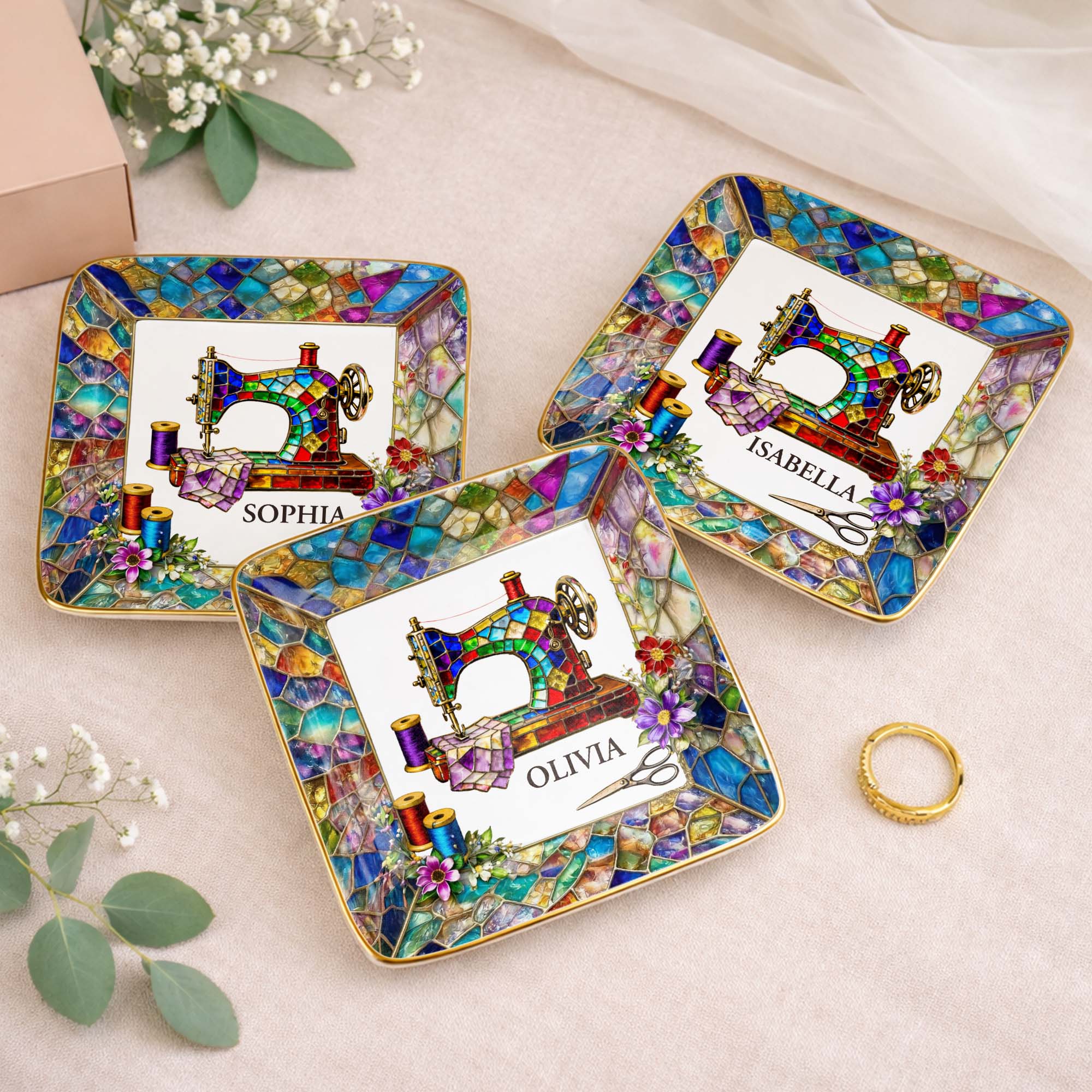 Stained Glass Sewing Machine With Flowers And Thread Spools - Personalized Custom Jewelry Dish, Ceramic Dish, Square Shape - HAND022_SCRF