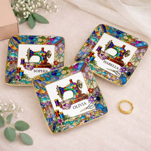 Stained Glass Sewing Machine With Flowers And Thread Spools - Personalized Custom Jewelry Dish, Ceramic Dish, Square Shape - HAND022_SCRF