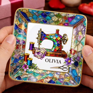 Stained Glass Sewing Machine With Flowers And Thread Spools - Personalized Custom Jewelry Dish, Ceramic Dish, Square Shape - HAND022_SCRF