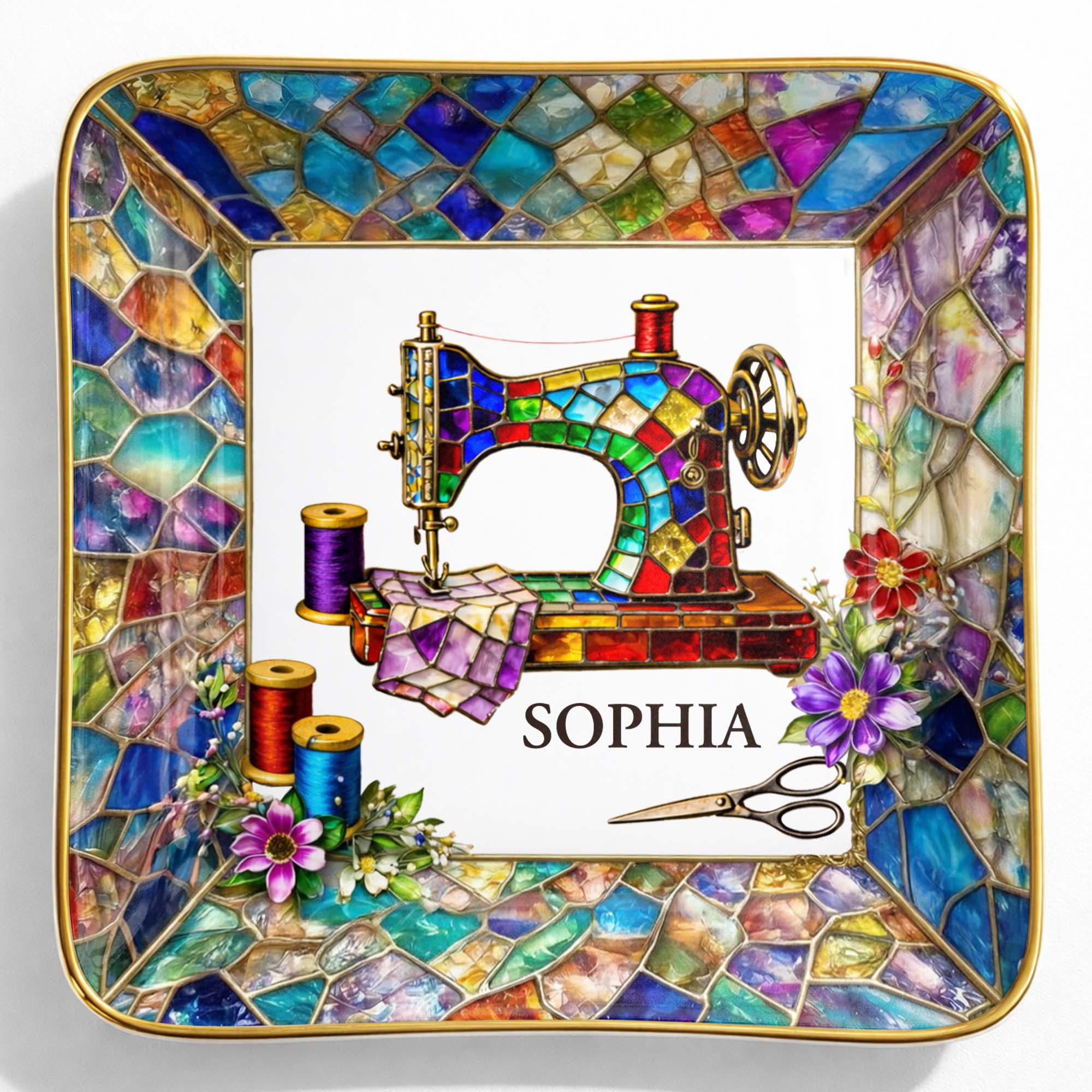 Stained Glass Sewing Machine With Flowers And Thread Spools - Personalized Custom Jewelry Dish, Ceramic Dish, Square Shape - HAND022_SCRF