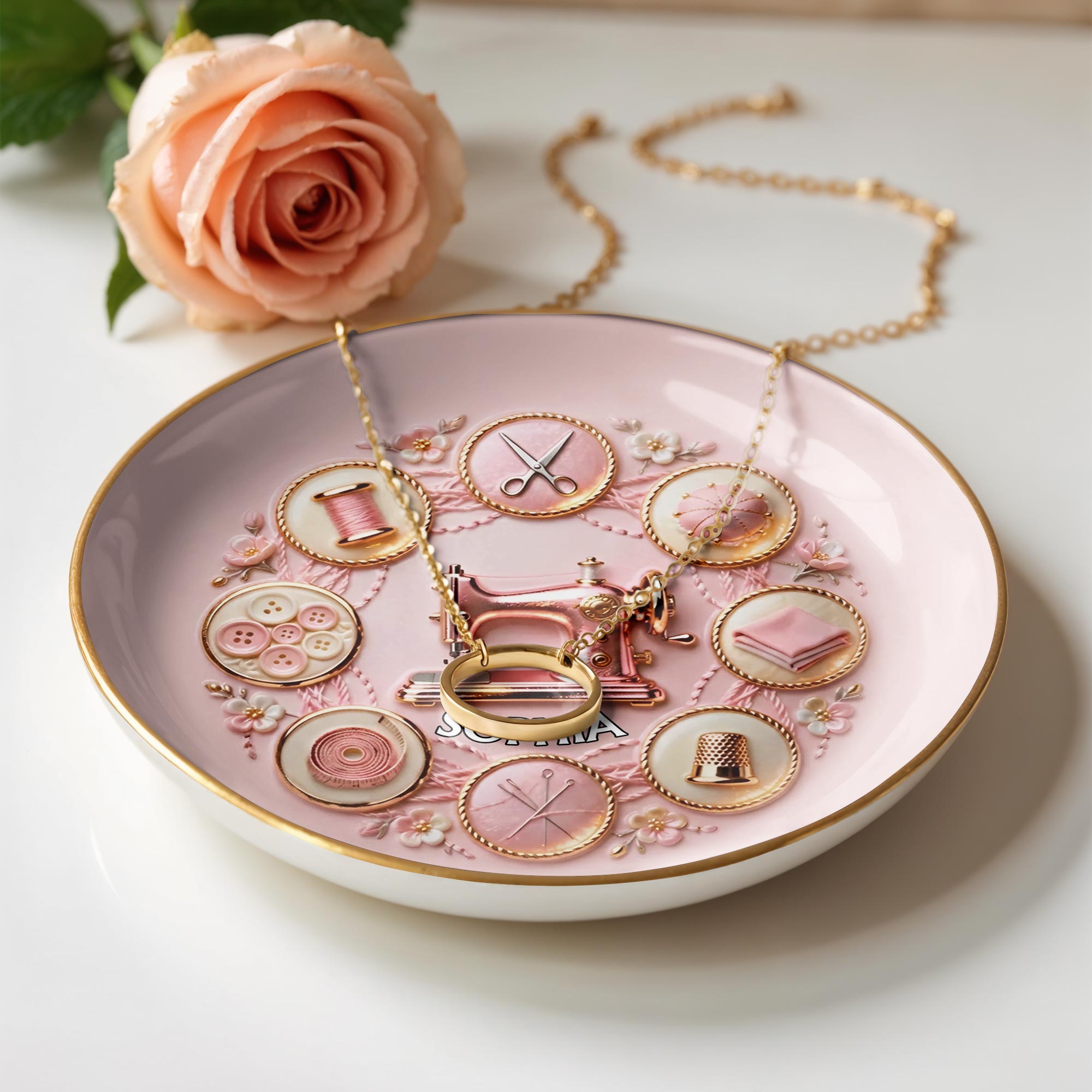 A Seamstress Creates Beauty With Sewing Machine And Crafting Tools Flowers - Personalized Custom Jewelry Dish, Ceramic Dish, Round Shape - HAND026_RCRF
