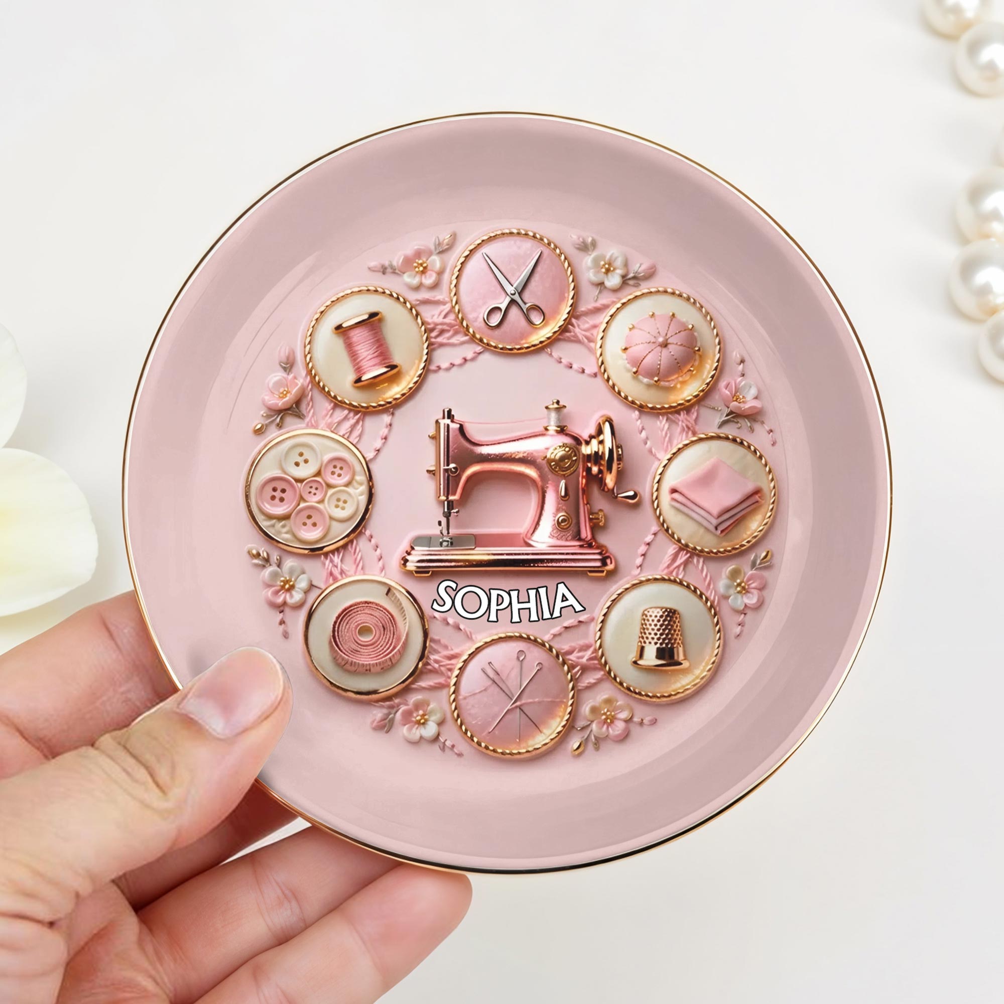 A Seamstress Creates Beauty With Sewing Machine And Crafting Tools Flowers - Personalized Custom Jewelry Dish, Ceramic Dish, Round Shape - HAND026_RCRF