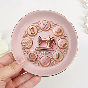 A Seamstress Creates Beauty With Sewing Machine And Crafting Tools Flowers - Personalized Custom Jewelry Dish, Ceramic Dish, Round Shape - HAND026_RCRF