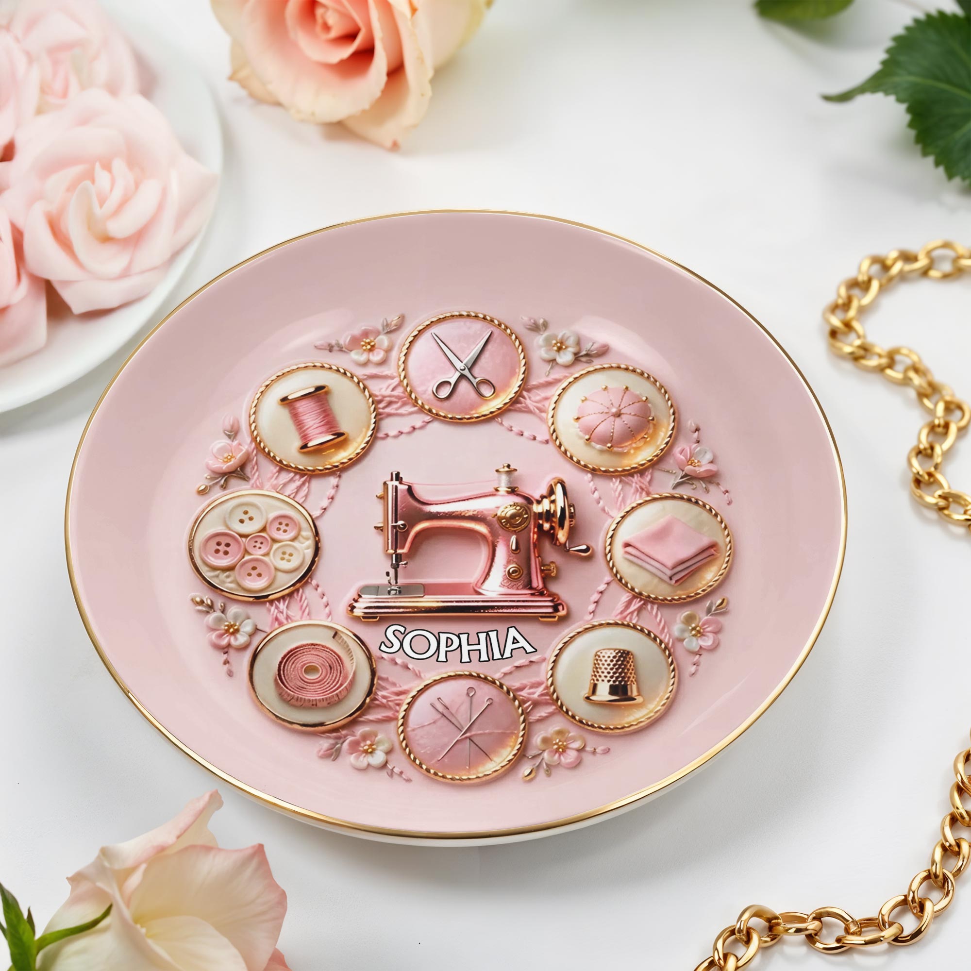 A Seamstress Creates Beauty With Sewing Machine And Crafting Tools Flowers - Personalized Custom Jewelry Dish, Ceramic Dish, Round Shape - HAND026_RCRF