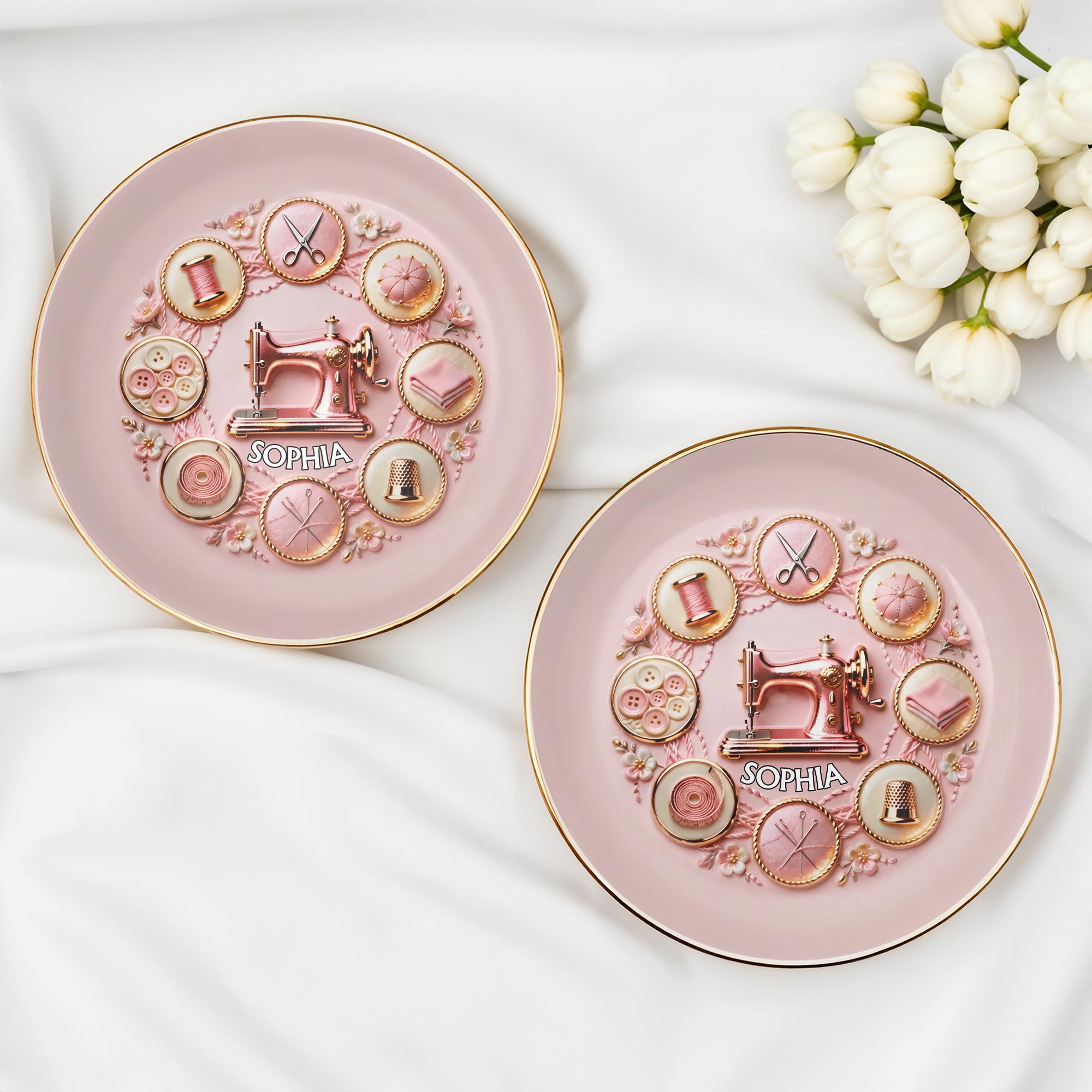 A Seamstress Creates Beauty With Sewing Machine And Crafting Tools Flowers - Personalized Custom Jewelry Dish, Ceramic Dish, Round Shape - HAND026_RCRF