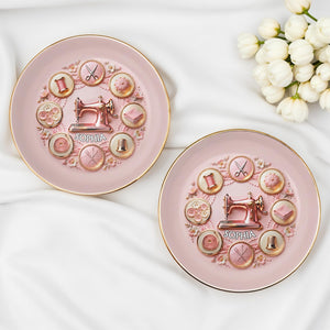 A Seamstress Creates Beauty With Sewing Machine And Crafting Tools Flowers - Personalized Custom Jewelry Dish, Ceramic Dish, Round Shape - HAND026_RCRF