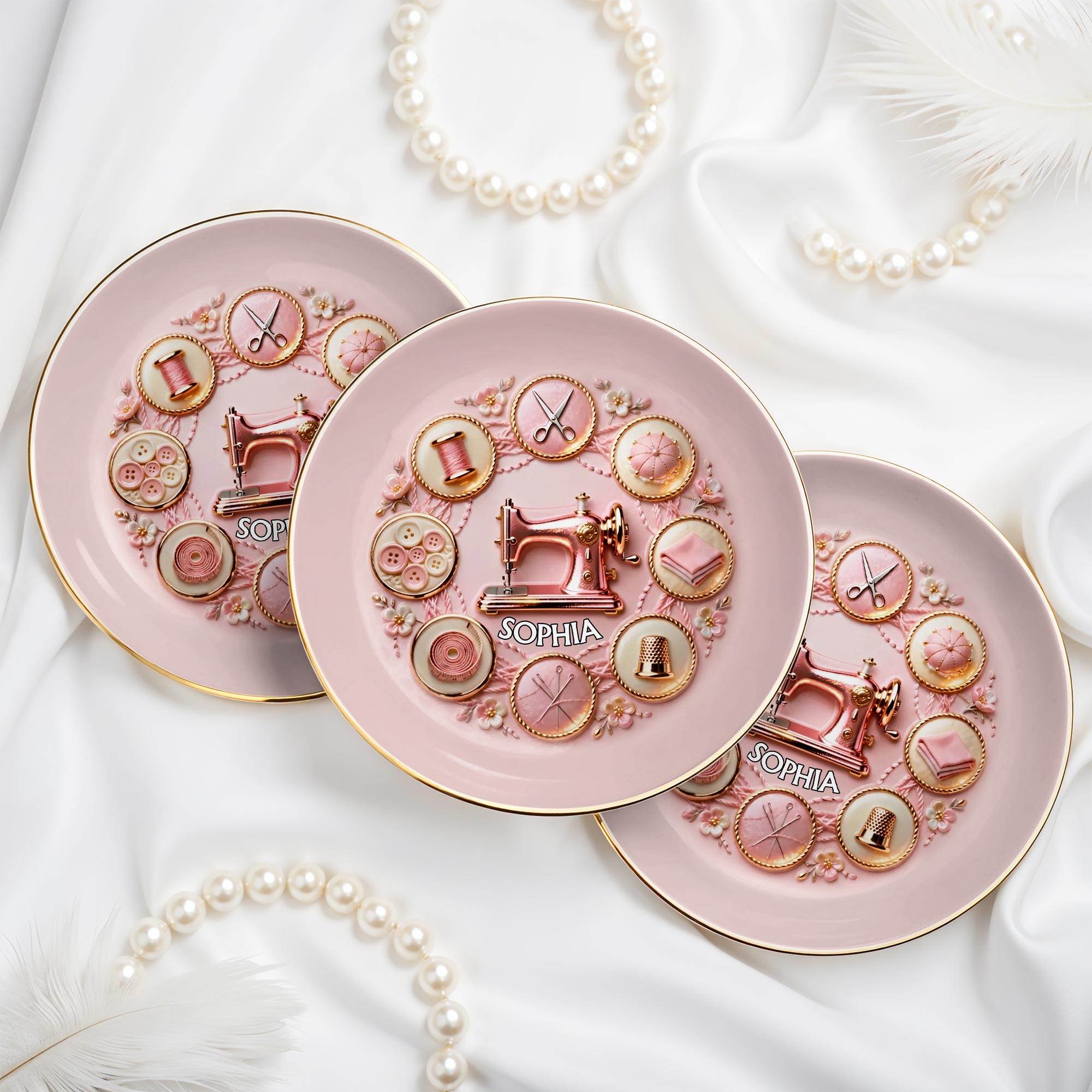 A Seamstress Creates Beauty With Sewing Machine And Crafting Tools Flowers - Personalized Custom Jewelry Dish, Ceramic Dish, Round Shape - HAND026_RCRF