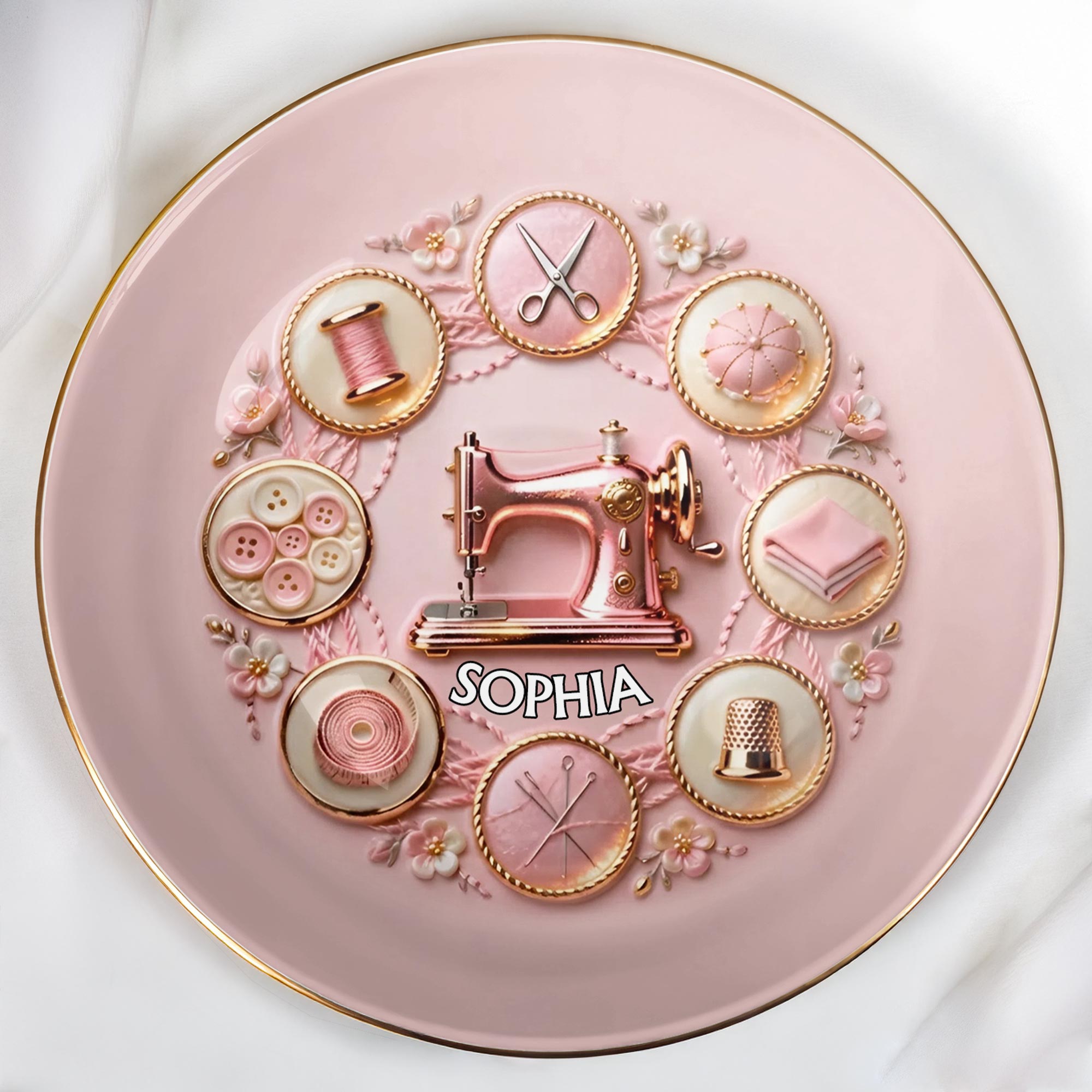 A Seamstress Creates Beauty With Sewing Machine And Crafting Tools Flowers - Personalized Custom Jewelry Dish, Ceramic Dish, Round Shape - HAND026_RCRF