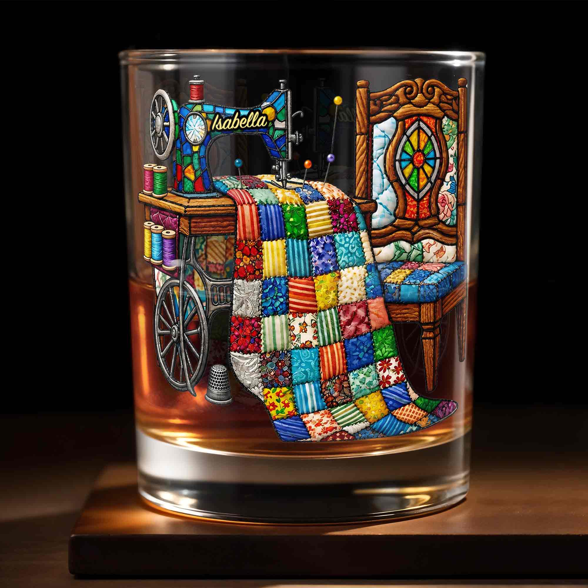 Vintage Sewing Machine And Colorful Quilt Art With Thread Spools - Personalized Custom Whiskey Glass - HAND098_RWG