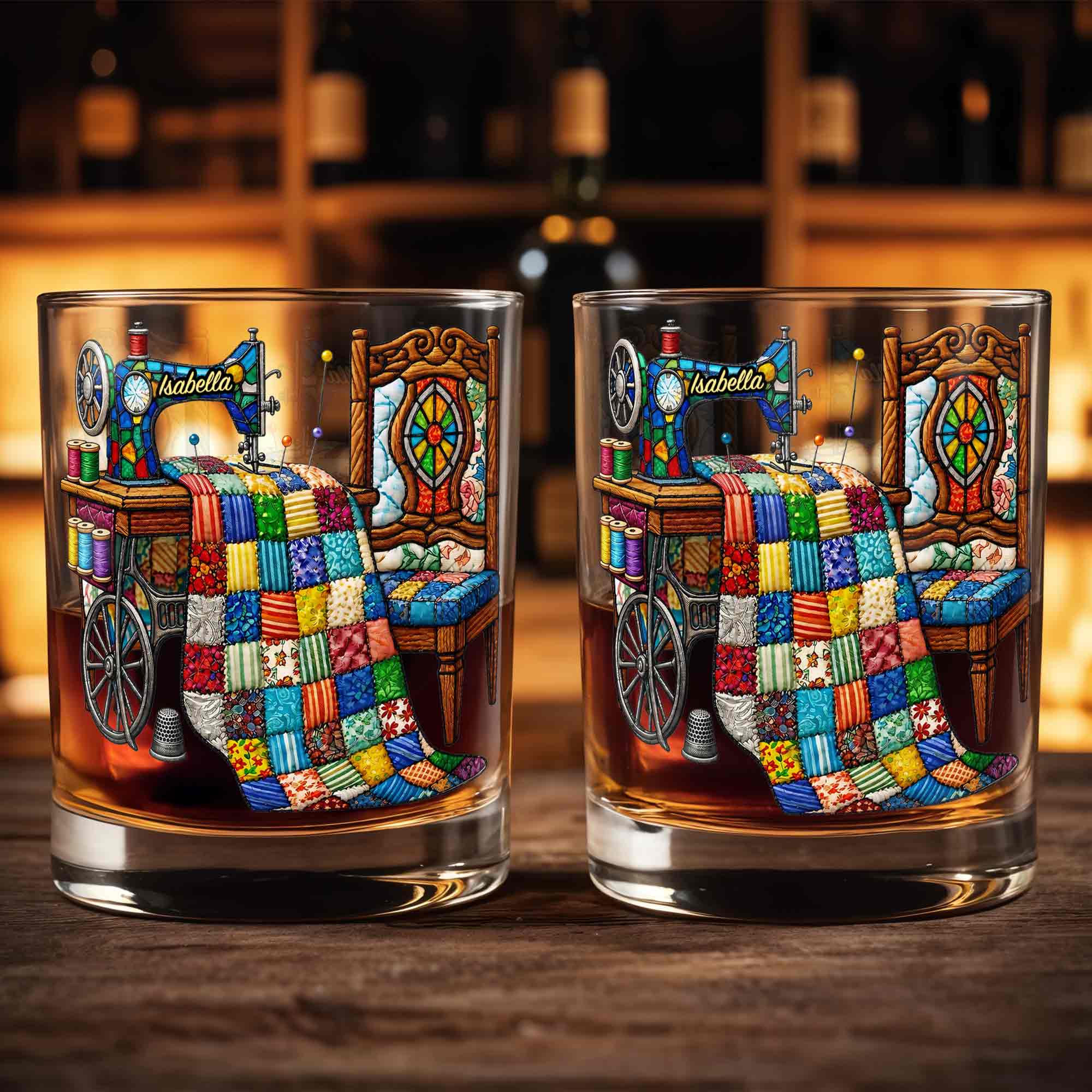 Vintage Sewing Machine And Colorful Quilt Art With Thread Spools - Personalized Custom Whiskey Glass - HAND098_RWG