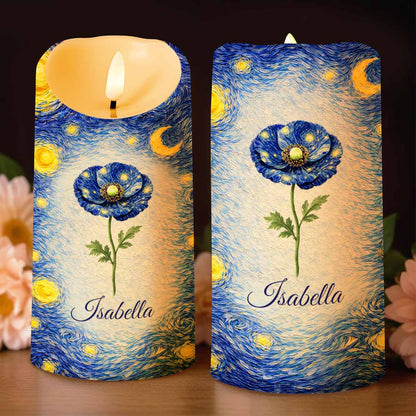Blue Poppy Flower Under A Starry Night Sky Art Design - Personalized Custom LED Candle - HER008_LECA
