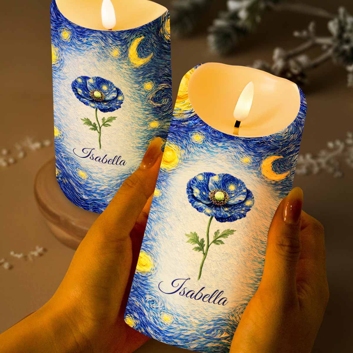 Blue Poppy Flower Under A Starry Night Sky Art Design - Personalized Custom LED Candle - HER008_LECA