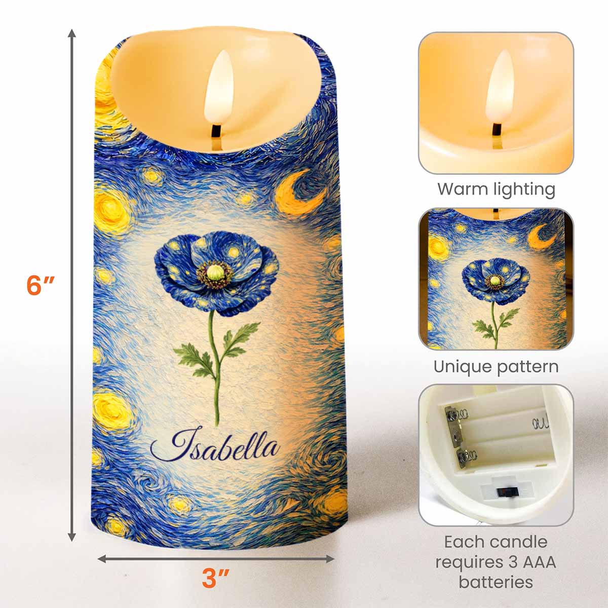 Blue Poppy Flower Under A Starry Night Sky Art Design - Personalized Custom LED Candle - HER008_LECA