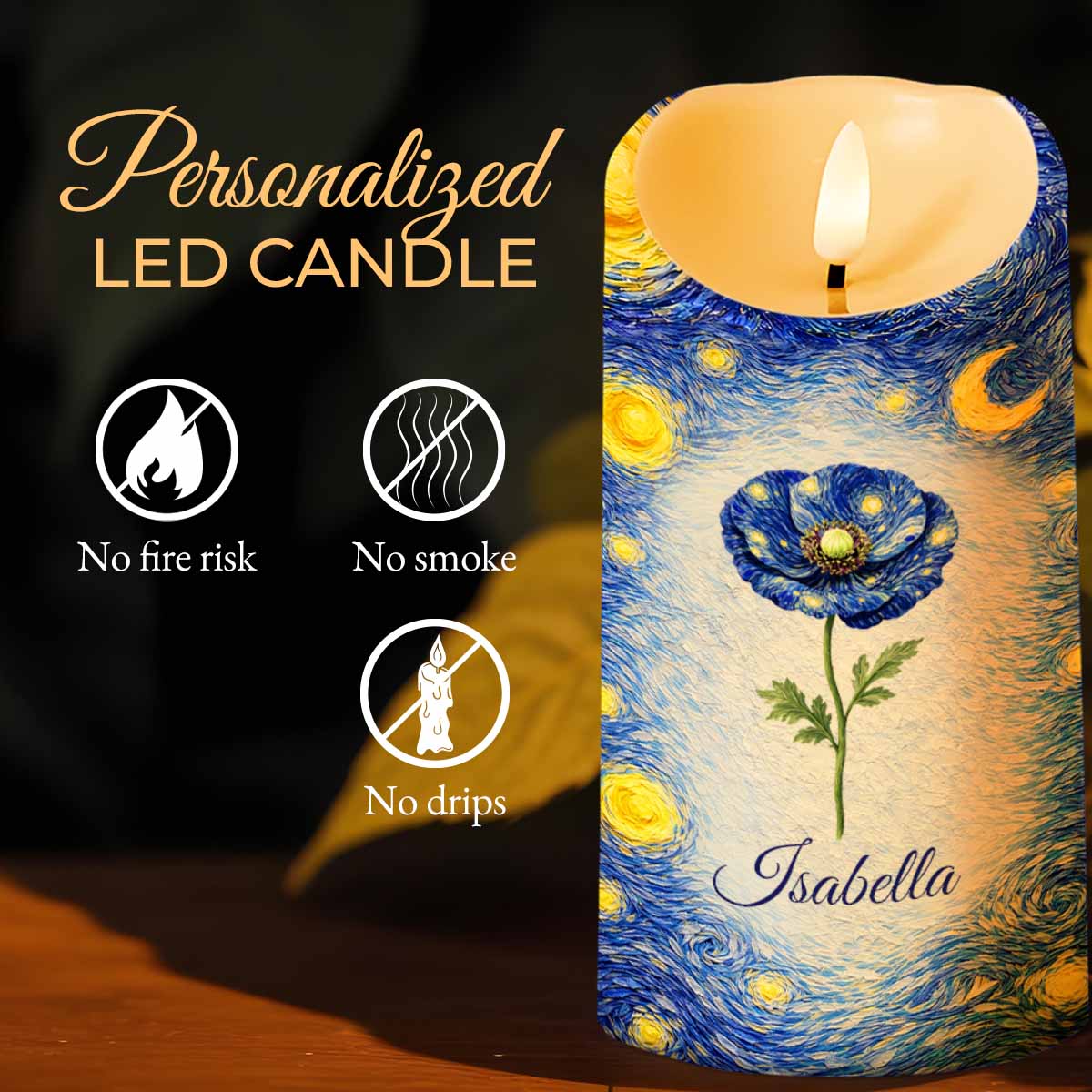 Blue Poppy Flower Under A Starry Night Sky Art Design - Personalized Custom LED Candle - HER008_LECA