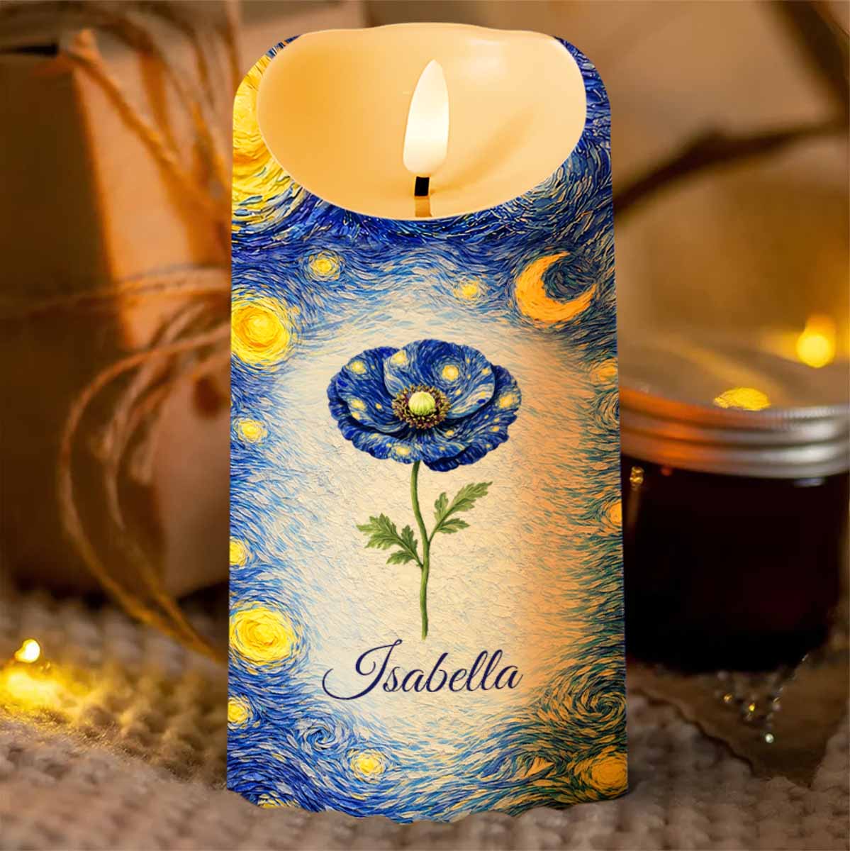 Blue Poppy Flower Under A Starry Night Sky Art Design - Personalized Custom LED Candle - HER008_LECA