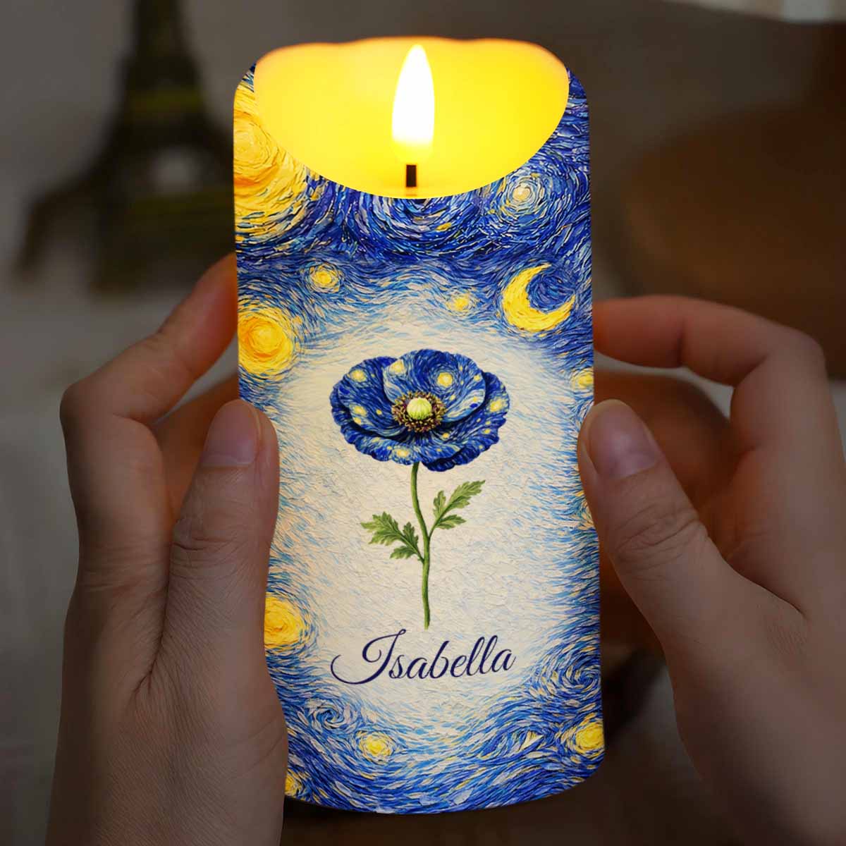 Blue Poppy Flower Under A Starry Night Sky Art Design - Personalized Custom LED Candle - HER008_LECA