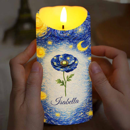 Blue Poppy Flower Under A Starry Night Sky Art Design - Personalized Custom LED Candle - HER008_LECA