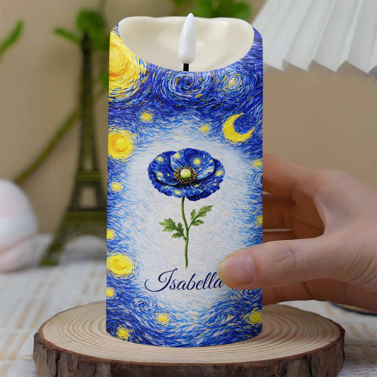 Blue Poppy Flower Under A Starry Night Sky Art Design - Personalized Custom LED Candle - HER008_LECA