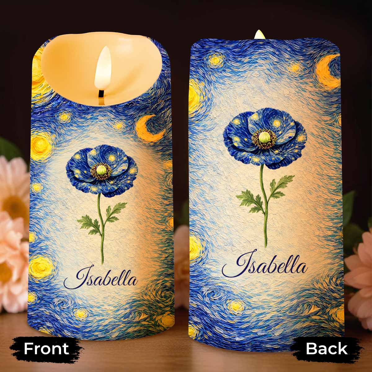 Blue Poppy Flower Under A Starry Night Sky Art Design - Personalized Custom LED Candle - HER008_LECA