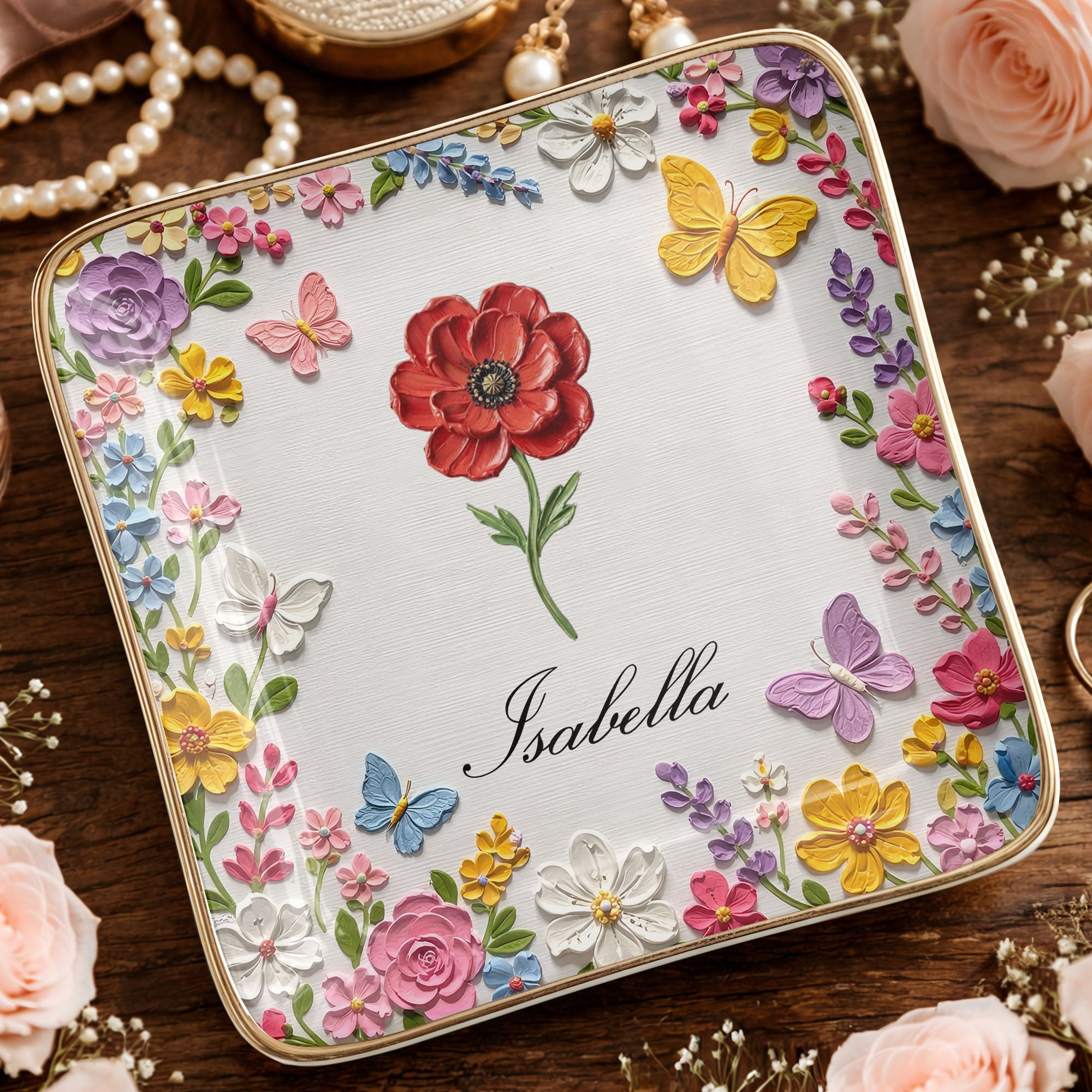 Beautiful Birth Month Flower And Butterflies Garden With 3D Impasto Painting - Personalized Custom Jewelry Dish, Ceramic Dish, Square Shape - HER010_SCRF