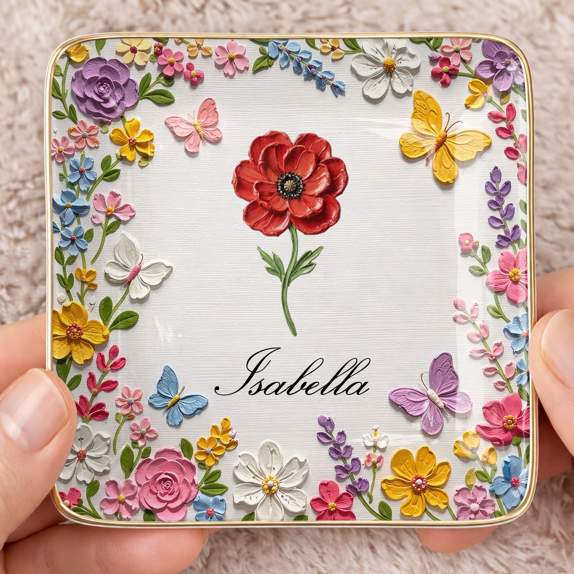 Beautiful Birth Month Flower And Butterflies Garden With 3D Impasto Painting - Personalized Custom Jewelry Dish, Ceramic Dish, Square Shape - HER010_SCRF