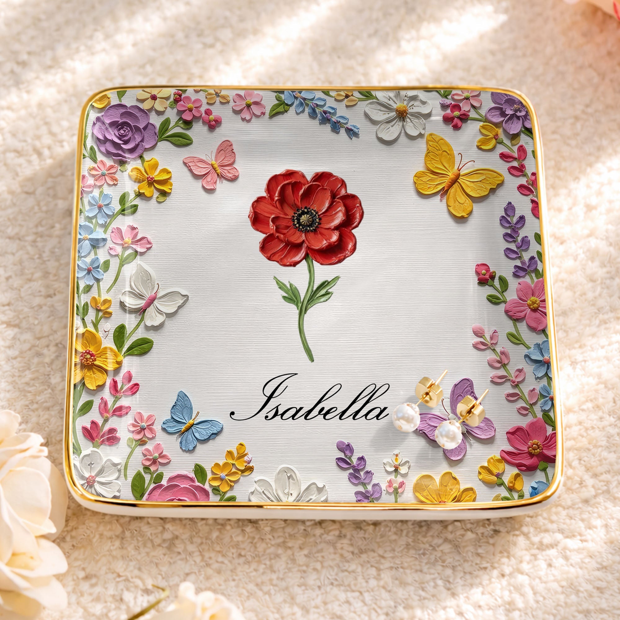 Beautiful Birth Month Flower And Butterflies Garden With 3D Impasto Painting - Personalized Custom Jewelry Dish, Ceramic Dish, Square Shape - HER010_SCRF