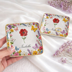 Beautiful Birth Month Flower And Butterflies Garden With 3D Impasto Painting - Personalized Custom Jewelry Dish, Ceramic Dish, Square Shape - HER010_SCRF