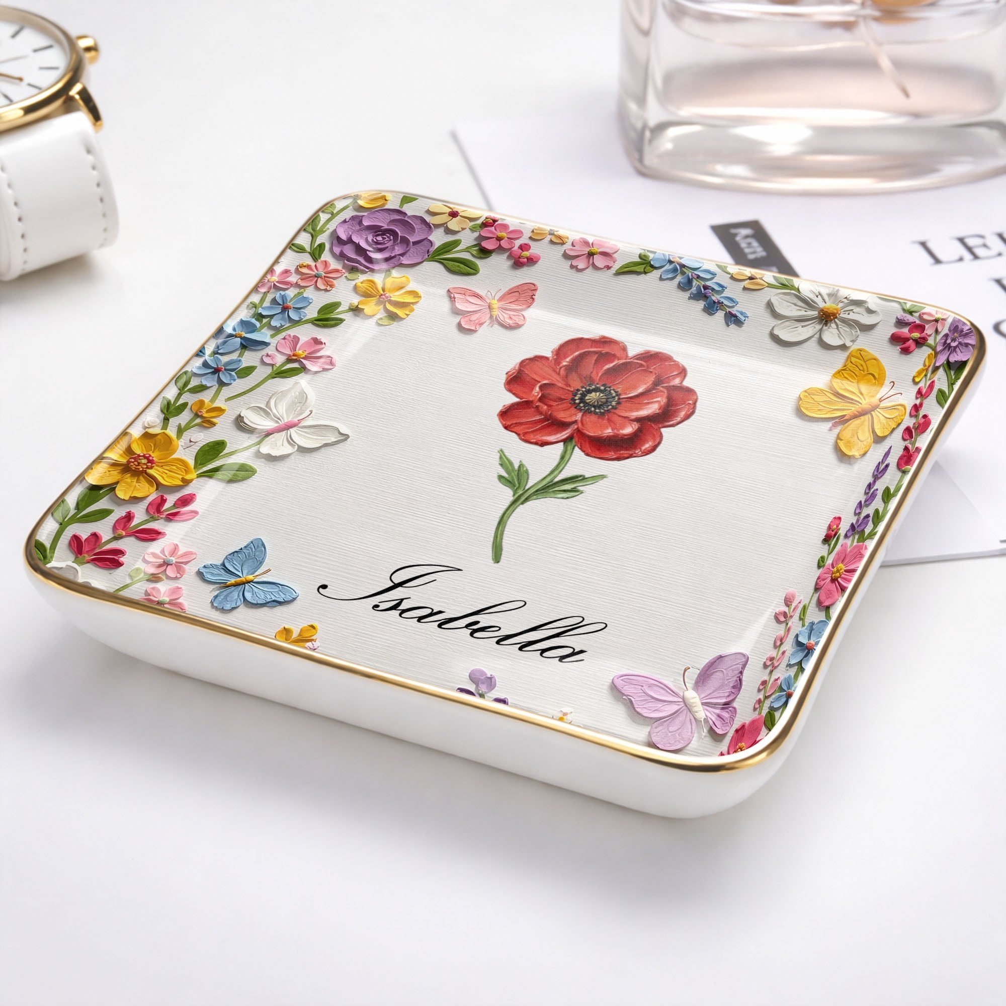 Beautiful Birth Month Flower And Butterflies Garden With 3D Impasto Painting - Personalized Custom Jewelry Dish, Ceramic Dish, Square Shape - HER010_SCRF