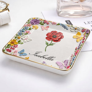 Beautiful Birth Month Flower And Butterflies Garden With 3D Impasto Painting - Personalized Custom Jewelry Dish, Ceramic Dish, Square Shape - HER010_SCRF