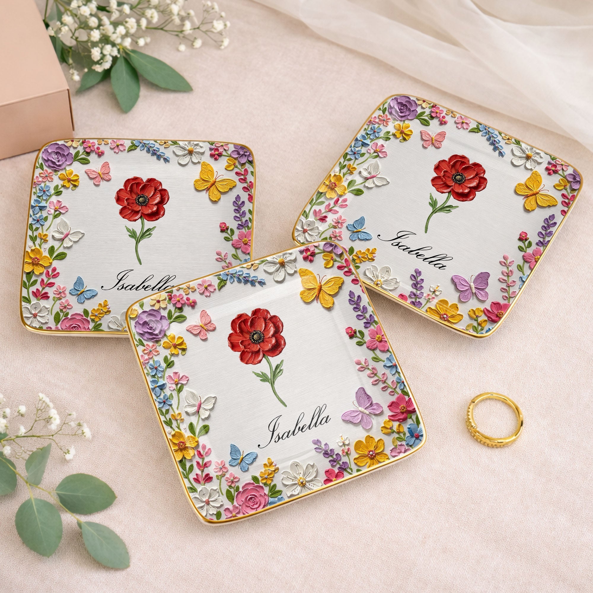 Beautiful Birth Month Flower And Butterflies Garden With 3D Impasto Painting - Personalized Custom Jewelry Dish, Ceramic Dish, Square Shape - HER010_SCRF
