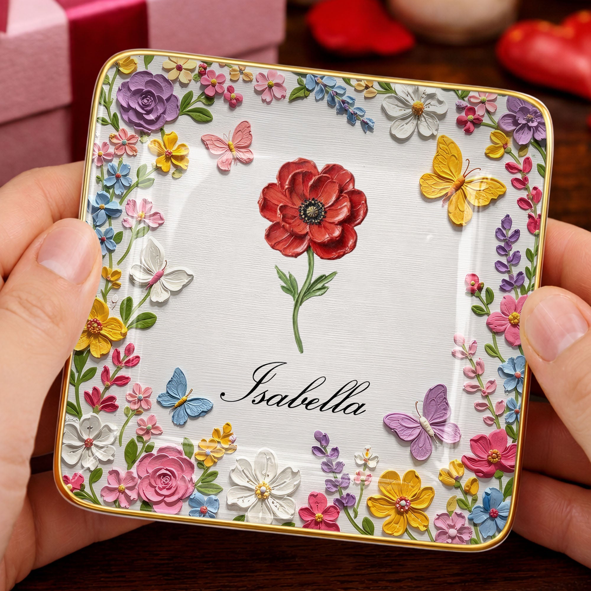 Beautiful Birth Month Flower And Butterflies Garden With 3D Impasto Painting - Personalized Custom Jewelry Dish, Ceramic Dish, Square Shape - HER010_SCRF