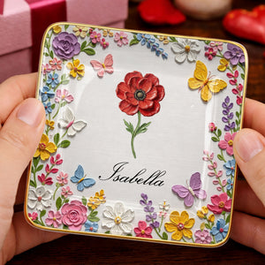 Beautiful Birth Month Flower And Butterflies Garden With 3D Impasto Painting - Personalized Custom Jewelry Dish, Ceramic Dish, Square Shape - HER010_SCRF