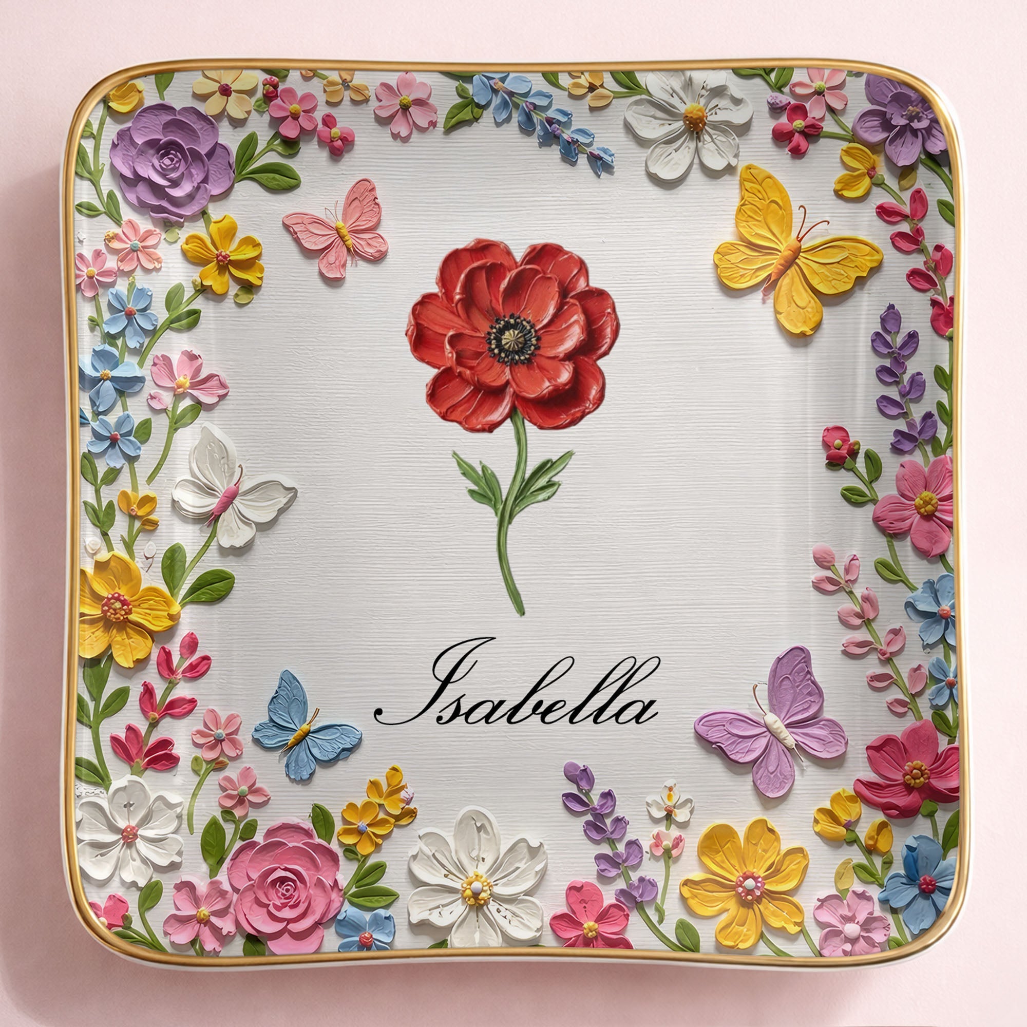 Beautiful Birth Month Flower And Butterflies Garden With 3D Impasto Painting - Personalized Custom Jewelry Dish, Ceramic Dish, Square Shape - HER010_SCRF