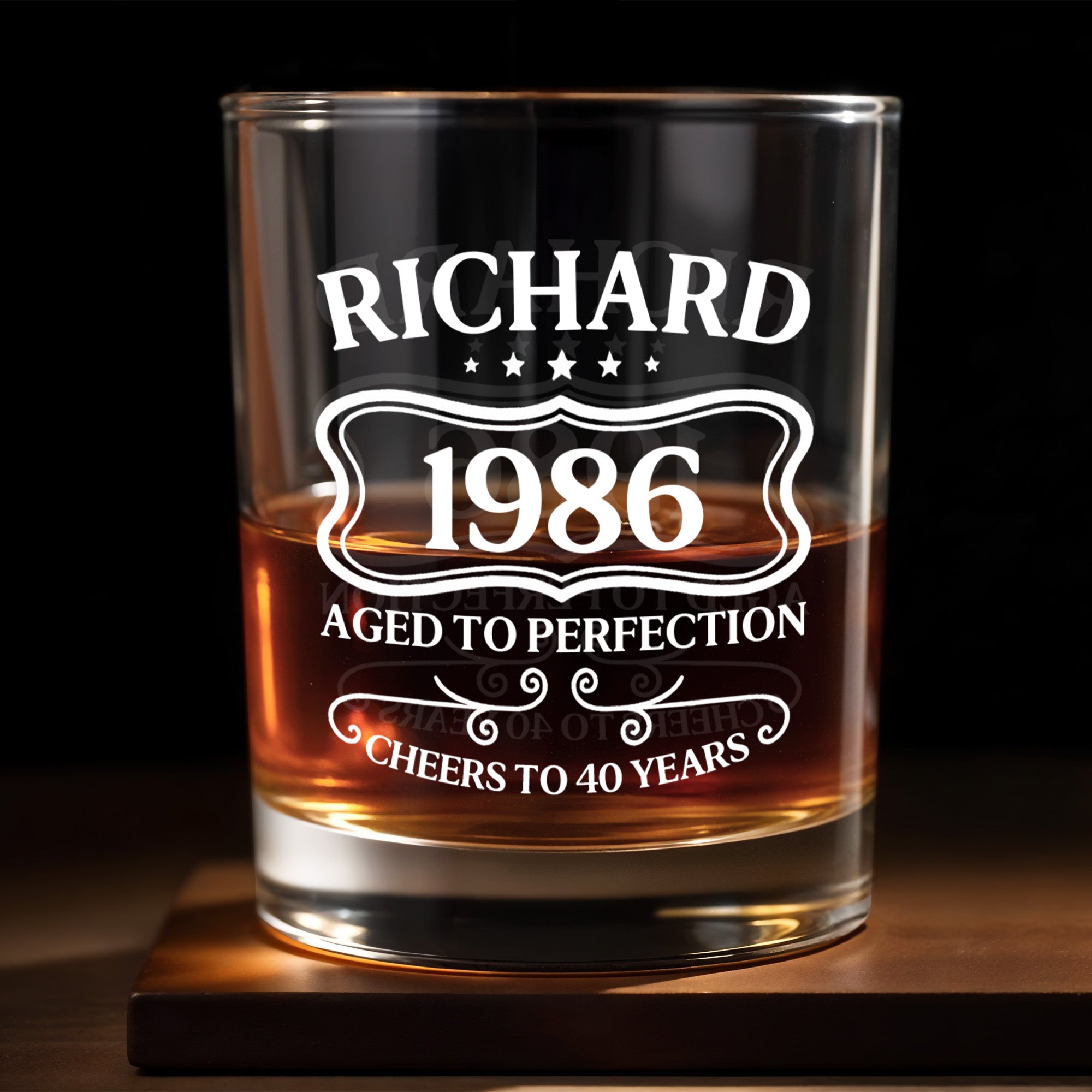 Aged To Perfection Cheers To Many Years, Banner And Stars - Personalized Custom Whiskey Glass - HIM008_RWG