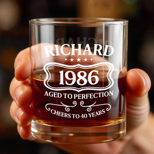 Aged To Perfection Cheers To Many Years, Banner And Stars - Personalized Custom Whiskey Glass - HIM008_RWG