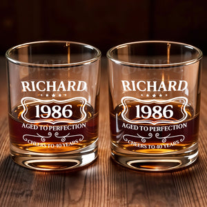 Aged To Perfection Cheers To Many Years, Banner And Stars - Personalized Custom Whiskey Glass - HIM008_RWG