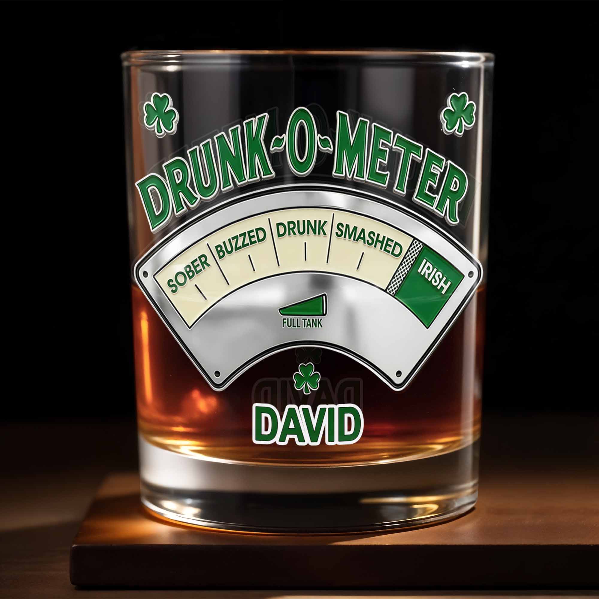 Drunk-O-Meter From Sober To Irish, Shamrock Design - Personalized Custom Whiskey Glass - HIM009_RWG