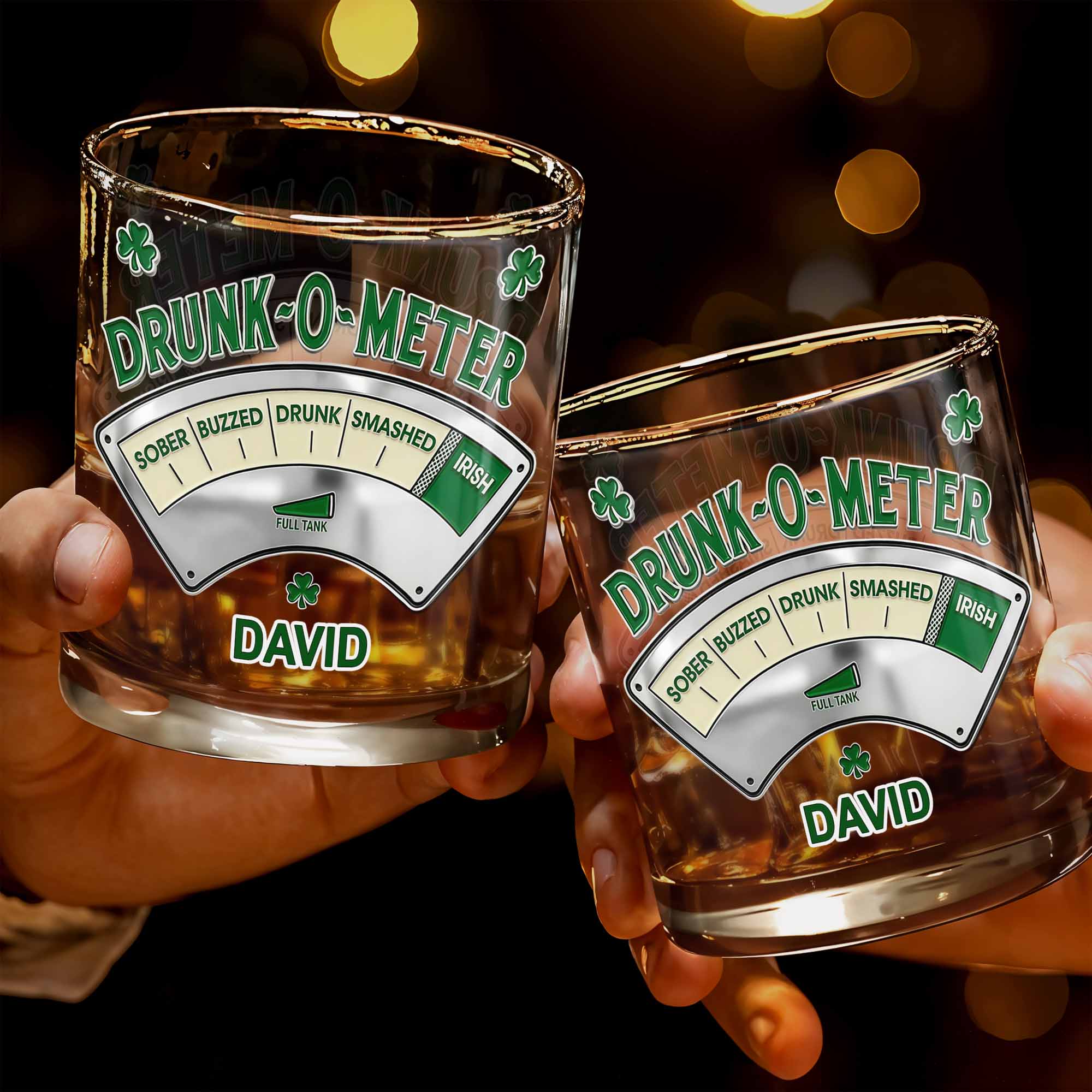 Drunk-O-Meter From Sober To Irish, Shamrock Design - Personalized Custom Whiskey Glass - HIM009_RWG