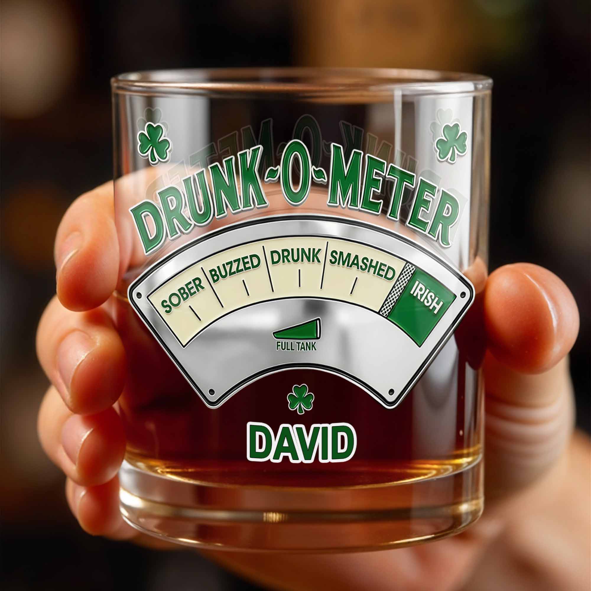 Drunk-O-Meter From Sober To Irish, Shamrock Design - Personalized Custom Whiskey Glass - HIM009_RWG