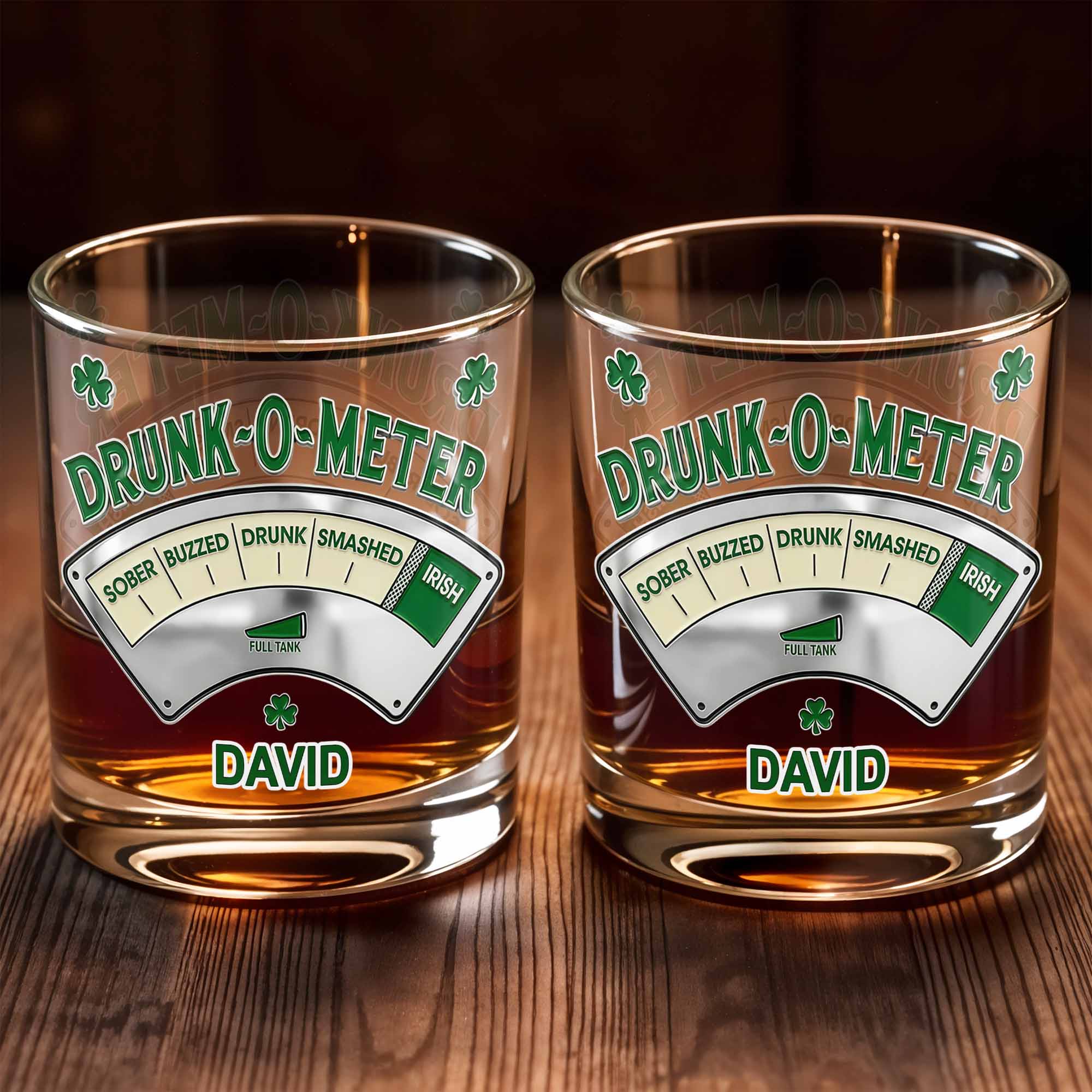 Drunk-O-Meter From Sober To Irish, Shamrock Design - Personalized Custom Whiskey Glass - HIM009_RWG