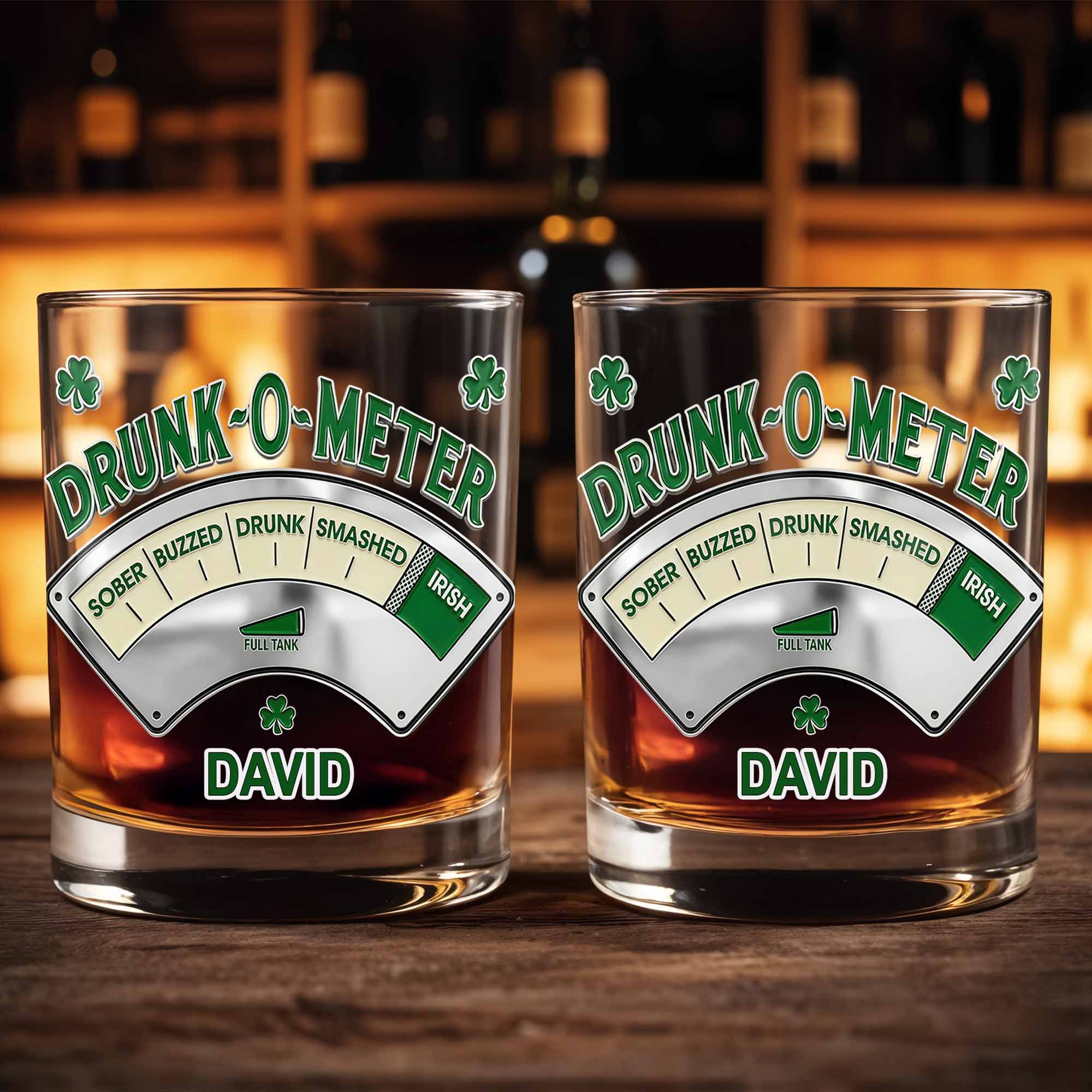 Drunk-O-Meter From Sober To Irish, Shamrock Design - Personalized Custom Whiskey Glass - HIM009_RWG