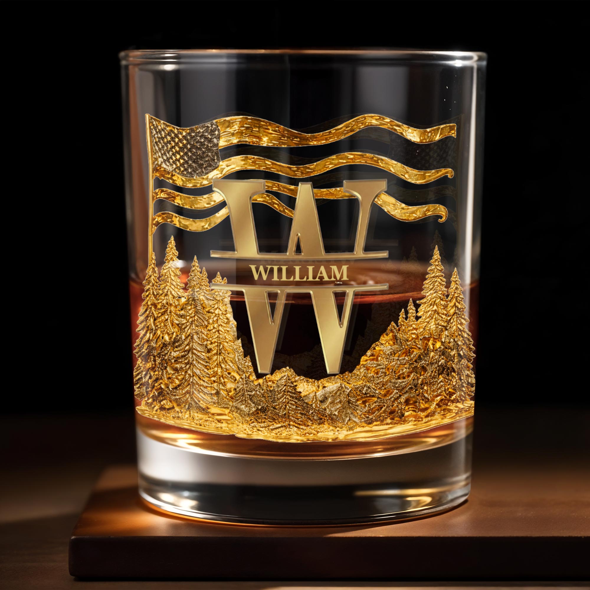 Spirit Of Freedom Nature Pine Forest And American Flag Monogram - Personalized Custom Whiskey Glass - HIM012_RWG