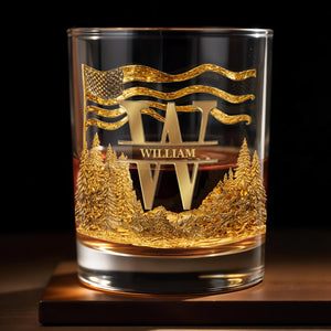 Spirit Of Freedom Nature Pine Forest And American Flag Monogram - Personalized Custom Whiskey Glass - HIM012_RWG