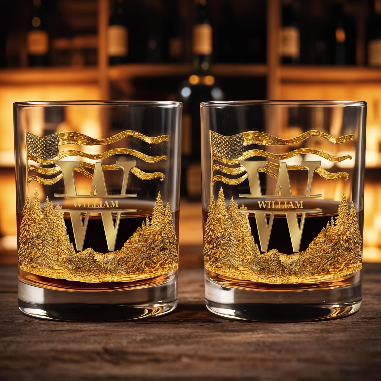 Spirit Of Freedom Nature Pine Forest And American Flag Monogram - Personalized Custom Whiskey Glass - HIM012_RWG