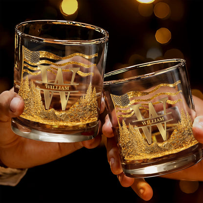 Spirit Of Freedom Nature Pine Forest And American Flag Monogram - Personalized Custom Whiskey Glass - HIM012_RWG