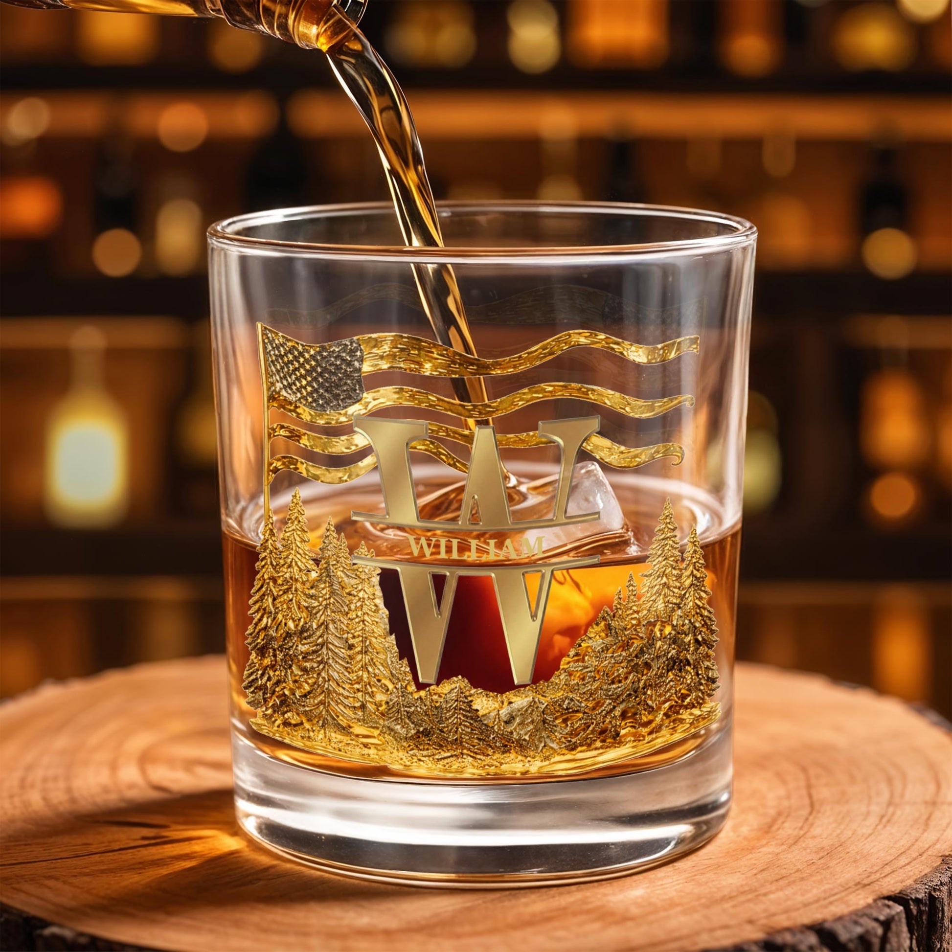 Spirit Of Freedom Nature Pine Forest And American Flag Monogram - Personalized Custom Whiskey Glass - HIM012_RWG