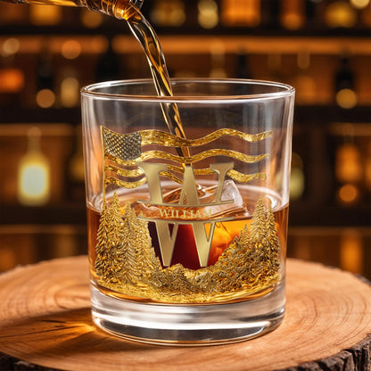 Spirit Of Freedom Nature Pine Forest And American Flag Monogram - Personalized Custom Whiskey Glass - HIM012_RWG